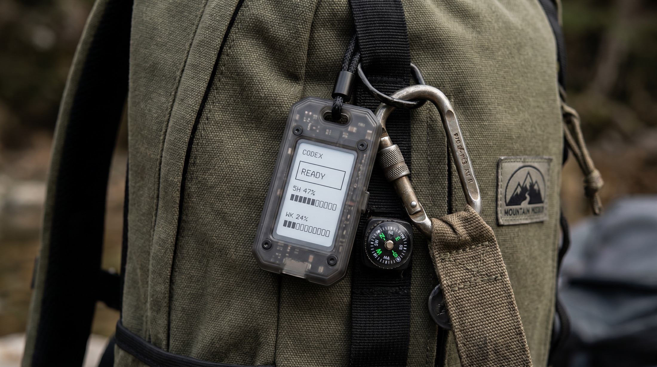 Agent Battery clipped to a backpack outdoors